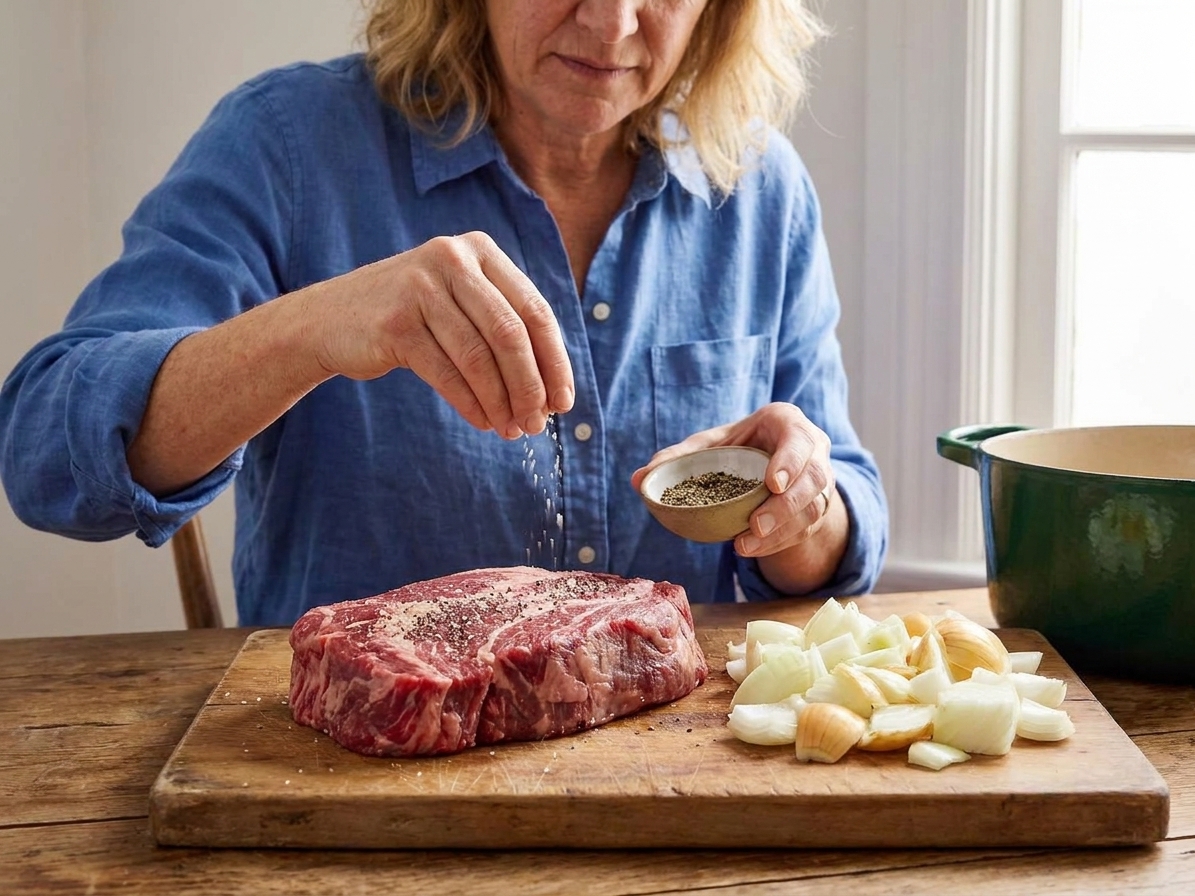 A pair of hands sprinkling salt and pepper over a raw chuck roast on a cutting board next to prepped onions