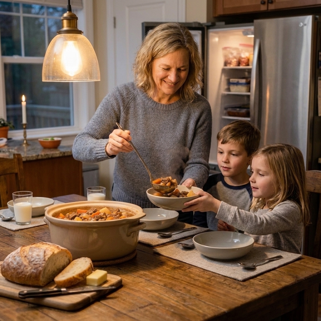 A parent serving a warm slow cooker meal into bowls while kids sit at the kitchen table on a busy weeknight