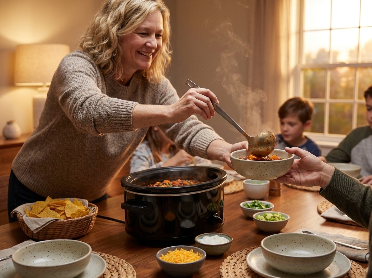 A parent serving vegetarian chili from a slow cooker into bowls at a weeknight dinner table