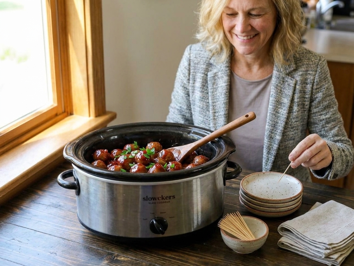 A party buffet table with a slow cooker of meatballs, a bowl of toothpicks, small appetizer plates, and napkins set out neatly
