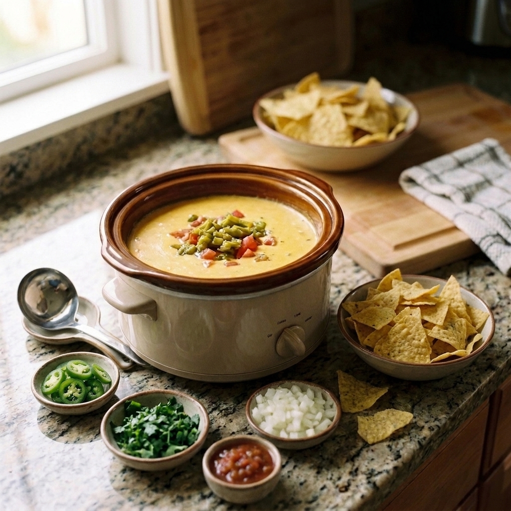 A party snack table with a slow cooker of queso, tortilla chips, and small bowls of toppings like jalapeños and cilantro