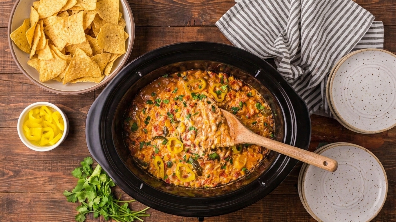 A party spread with a slow cooker on warm, a bowl of tortilla chips, and small plates set out for serving