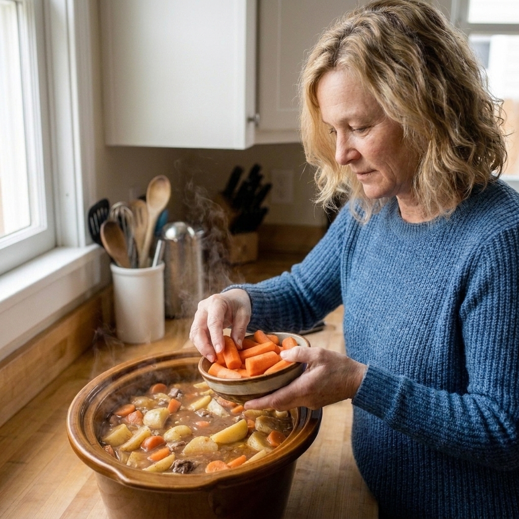 A person adding thick carrot pieces into a slow cooker partway through cooking