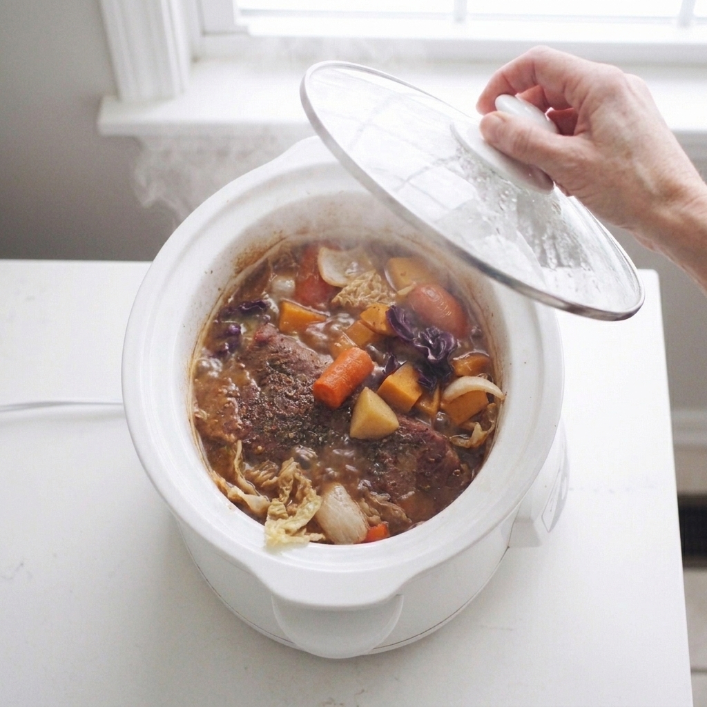 A person lifting the lid of a slow cooker with visible steam rising, showing a simmering stew inside