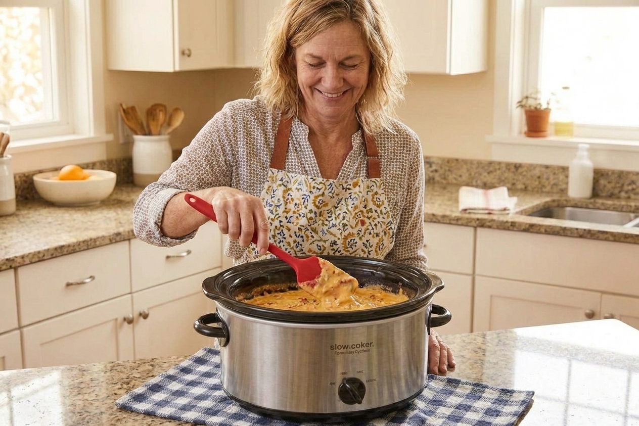 A person stirring a cheesy dip inside a slow cooker with a silicone spatula