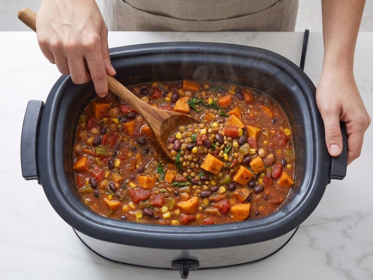 A person stirring a thick vegetarian stew inside a slow cooker with a wooden spoon