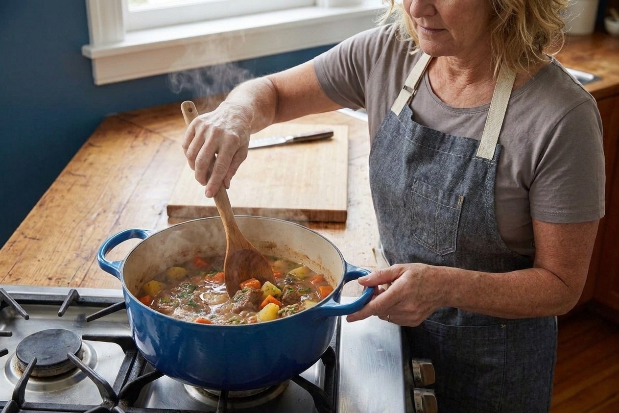 A person using a wooden spoon to stir a simmering stew inside a Dutch oven on a stovetop