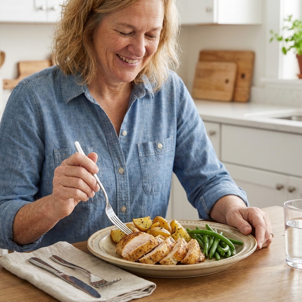 A plated dinner with sliced juicy chicken, roasted potatoes, and green beans on a simple weeknight table setting