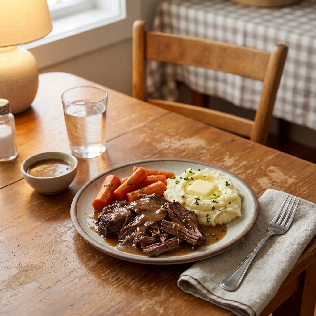 A plated pot roast dinner with carrots and mashed potatoes on a simple family dinner table with warm lighting