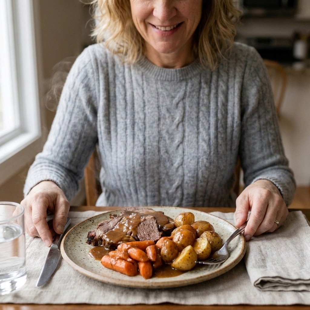 A plated pot roast dinner with carrots and potatoes on a rustic plate at a family table