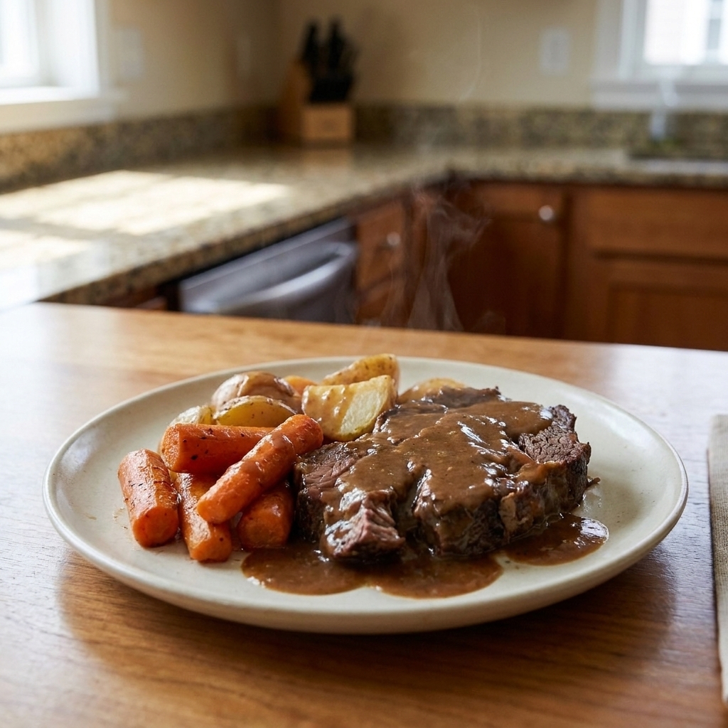 A plated serving of pot roast with carrots and potatoes covered in gravy on a simple dinner plate at a kitchen table
