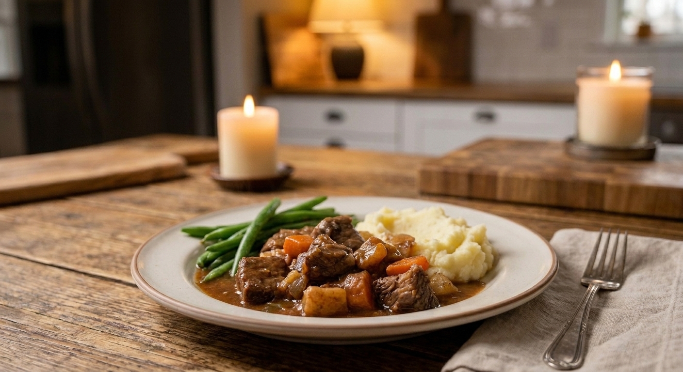 A plated slow cooker dinner on a simple ceramic plate with a fork beside it on a cozy kitchen table