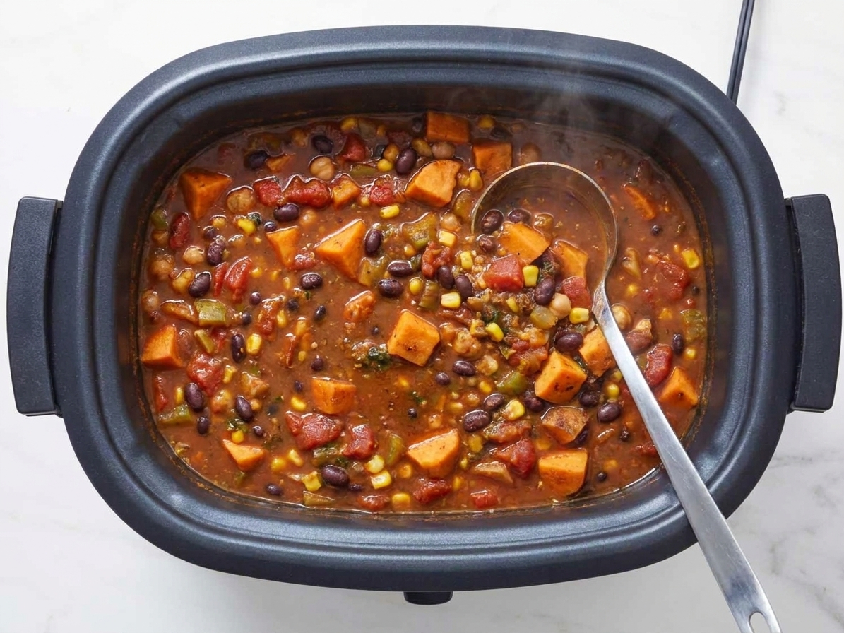 A pot of sweet potato and black bean chili with a ladle resting inside the slow cooker