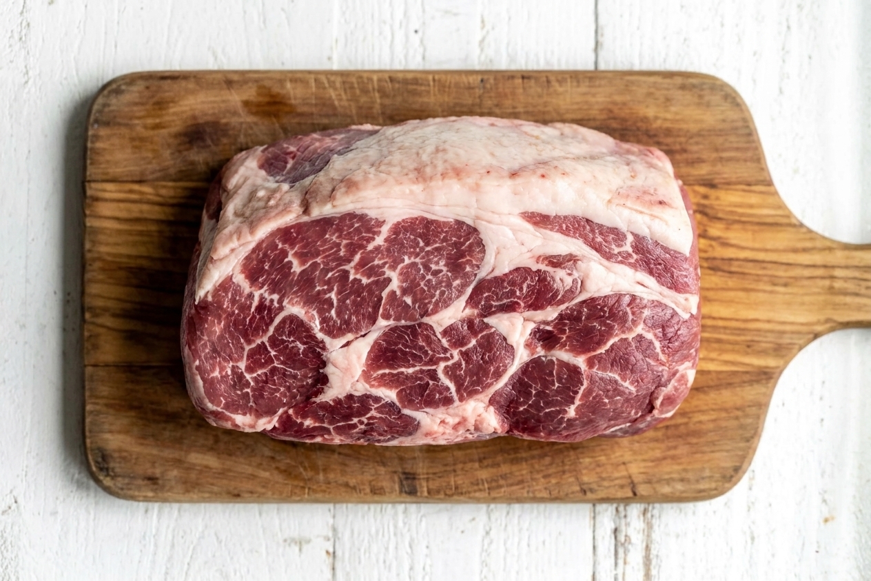 A raw Boston butt pork roast on a wooden cutting board with visible marbling and a thick fat cap