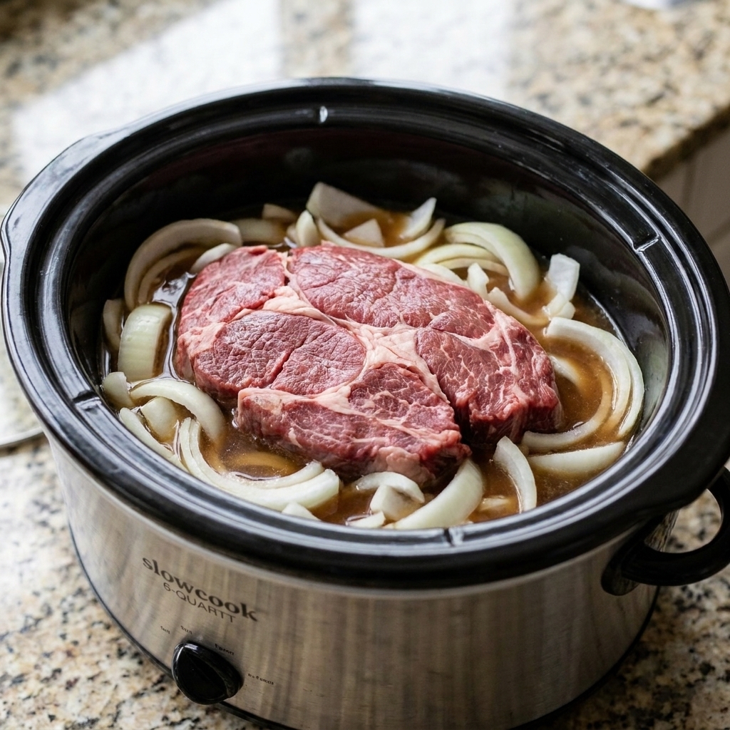 A raw beef chuck roast nestled in a slow cooker insert with sliced onions and beef broth around it