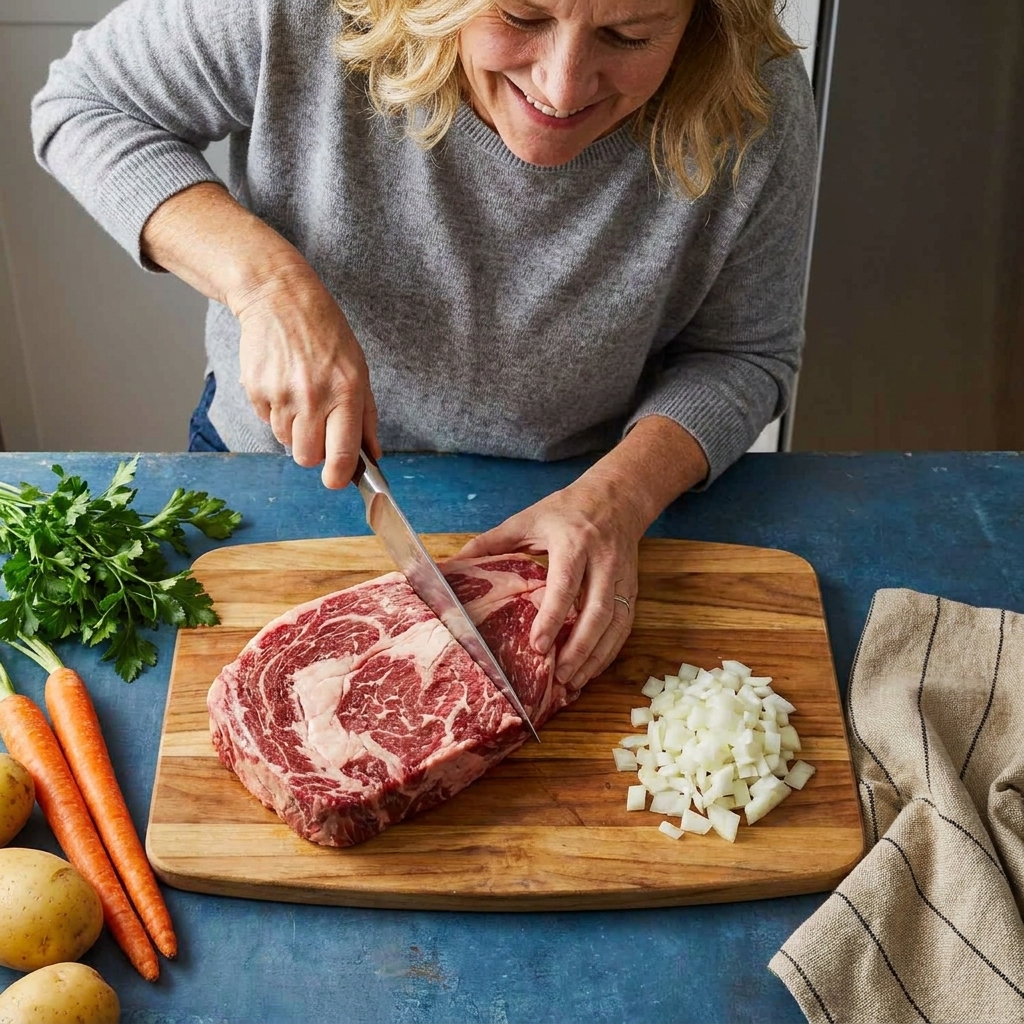 A raw beef chuck roast on a cutting board with visible marbling and a small pile of chopped onions nearby on a kitchen counter