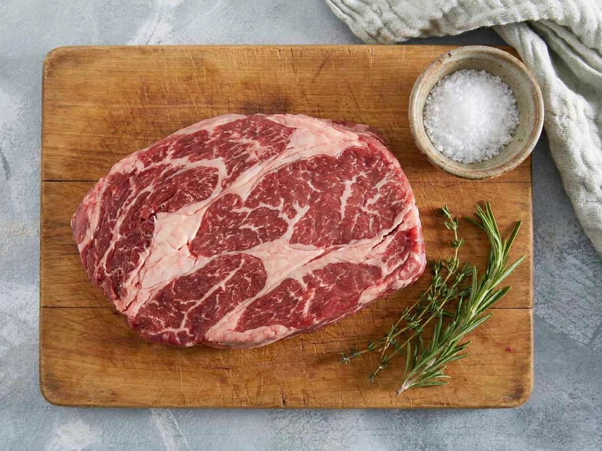 A raw beef chuck roast on a wooden cutting board with visible marbling and a small bowl of salt nearby