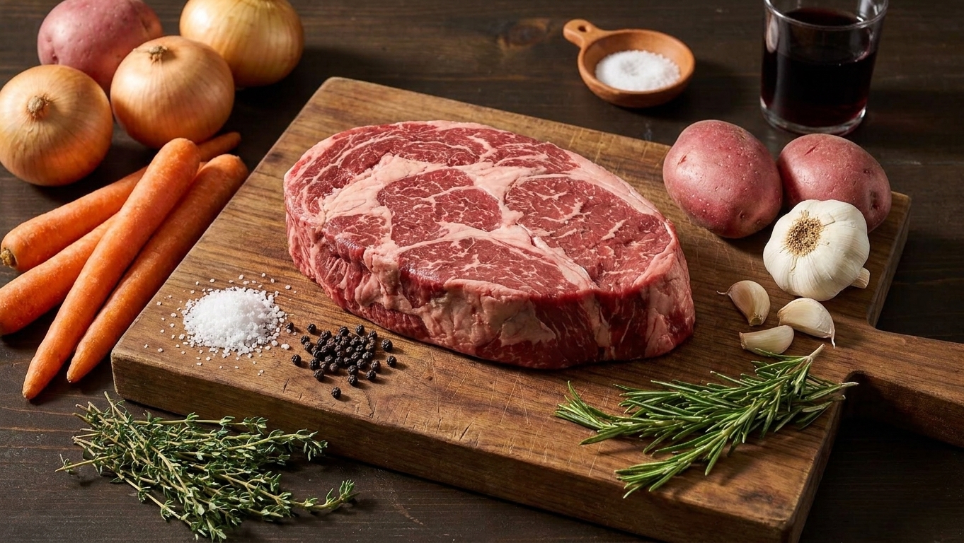 A raw chuck roast on a cutting board with onions, carrots, potatoes, garlic, salt, pepper, and herbs arranged nearby on a kitchen counter