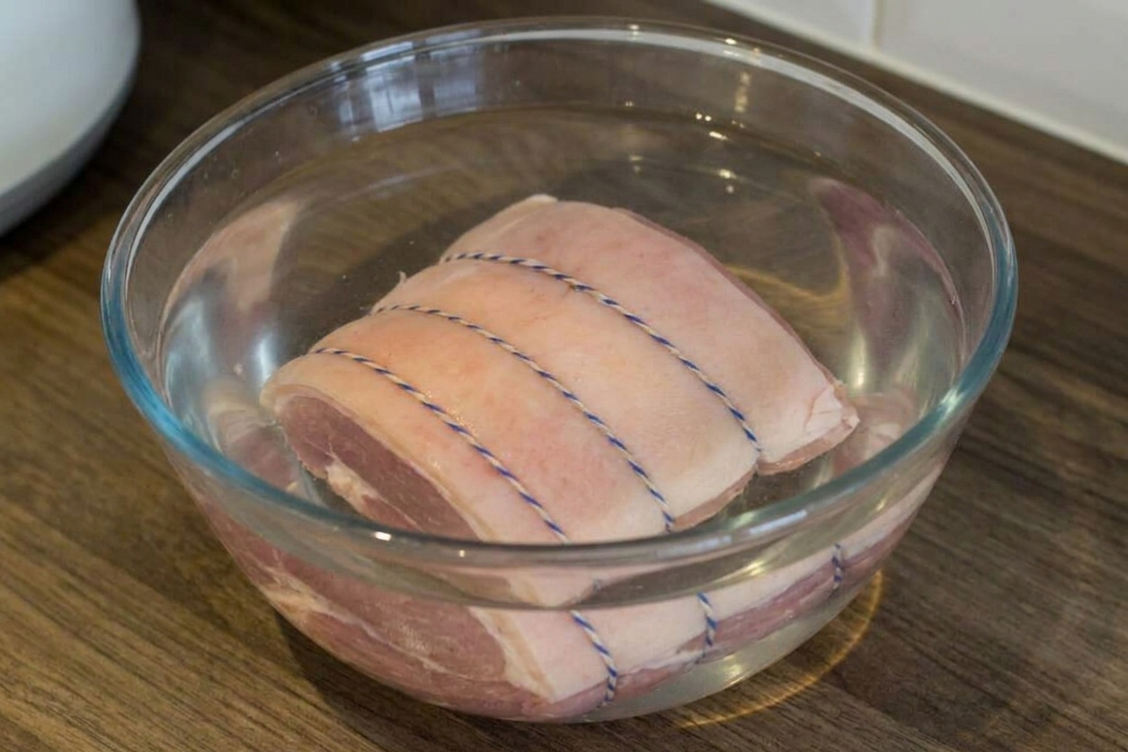 A raw gammon joint soaking in a bowl of cold water to reduce salt