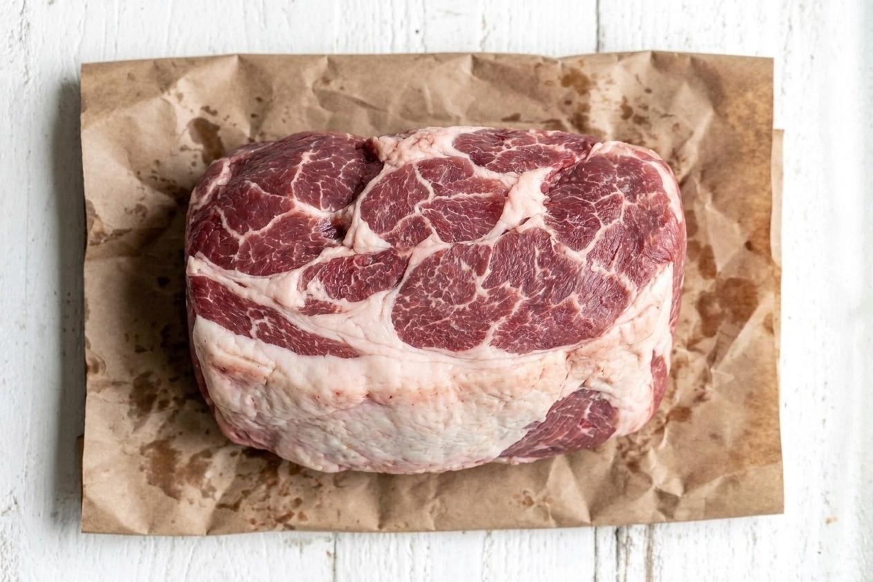 A raw pork picnic shoulder roast on butcher paper on a kitchen counter, showing an irregular shape and surface fat