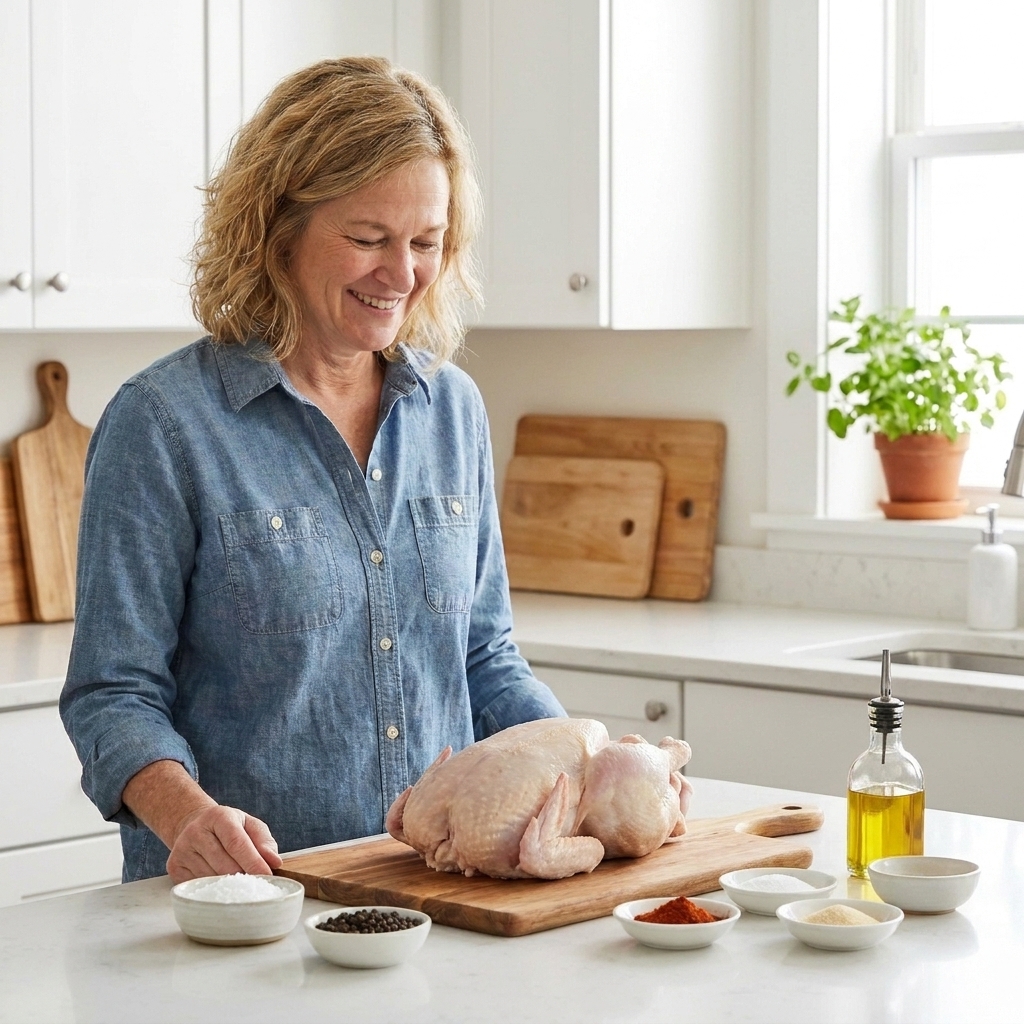 A raw whole chicken on a cutting board with small bowls of salt, pepper, paprika, garlic powder, and olive oil on a kitchen counter