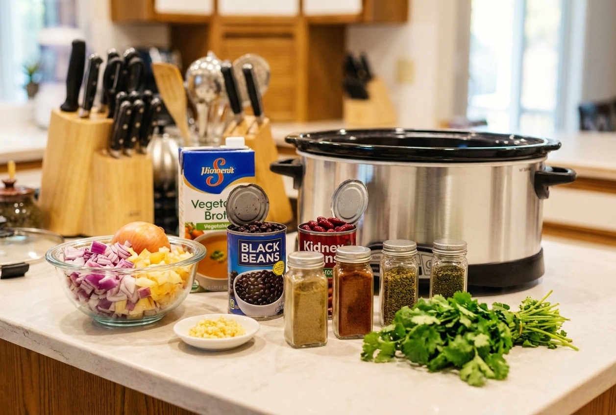 A real-life kitchen counter with slow cooker ingredients laid out, including chopped onions, garlic, broth, beans, and spices ready for prep