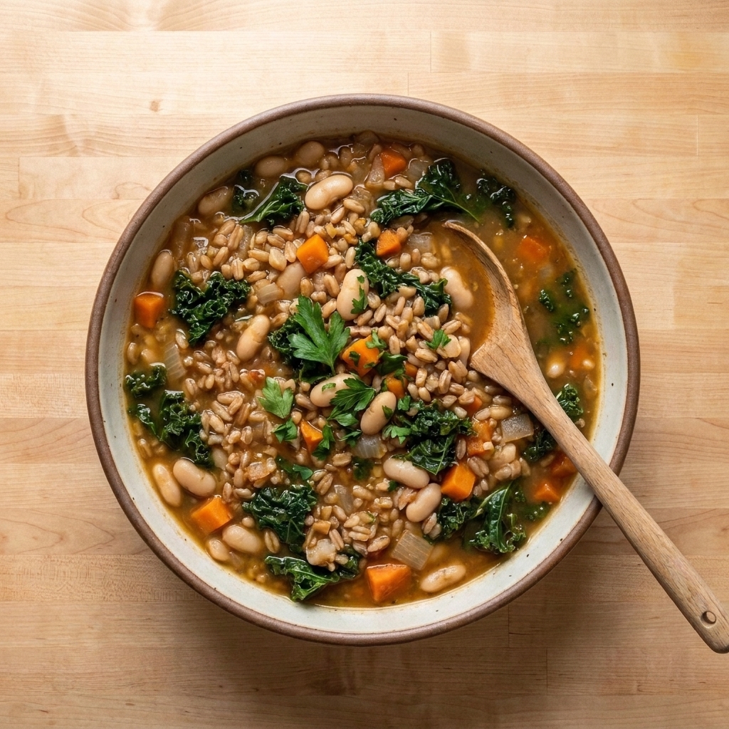 A rustic bowl of Tuscan white bean and farro stew with visible farro grains and kale, sitting on a wooden table with a spoon
