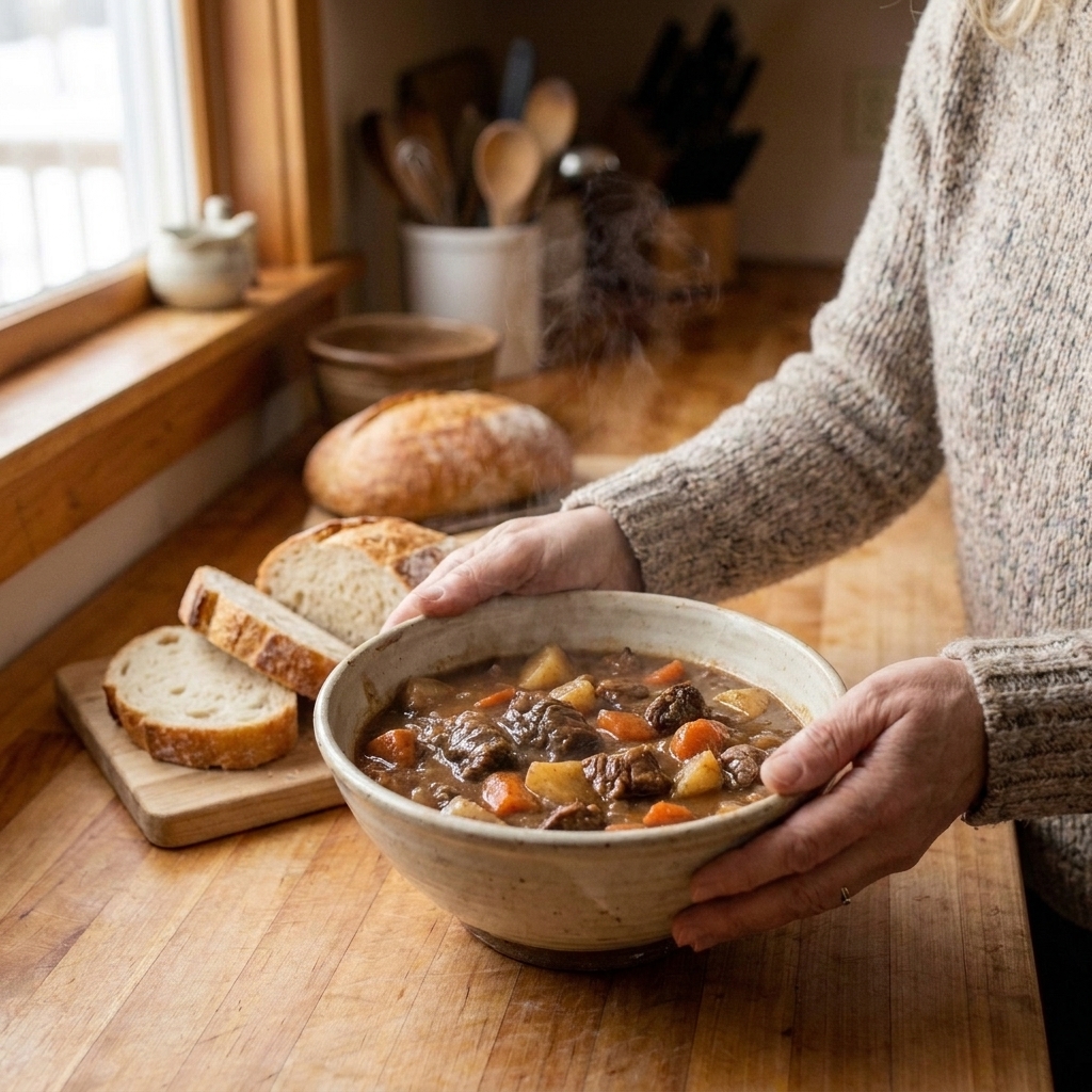 A rustic bowl of beef stew with thick gravy, chunks of beef, carrots, and potatoes, served with crusty bread on a wooden table