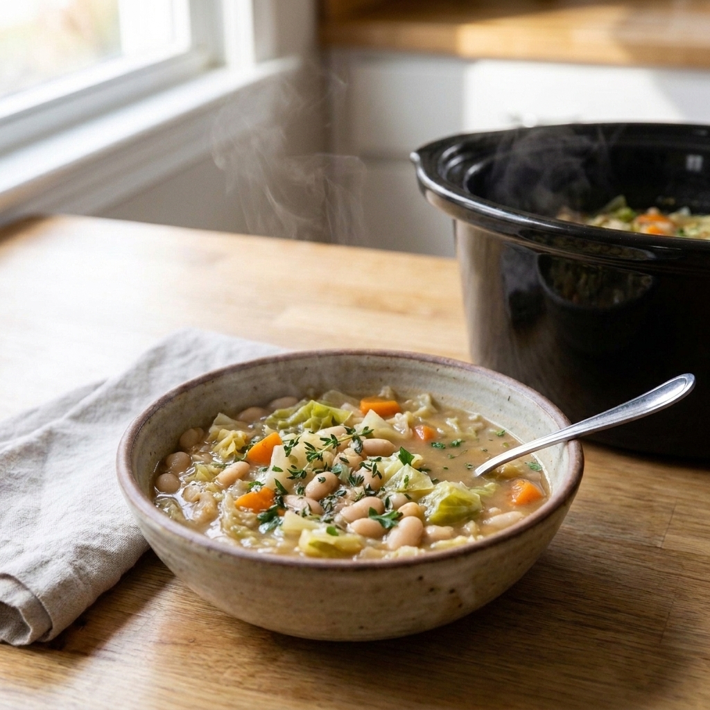 A rustic bowl of cabbage and white bean soup with carrots and herbs on a kitchen table