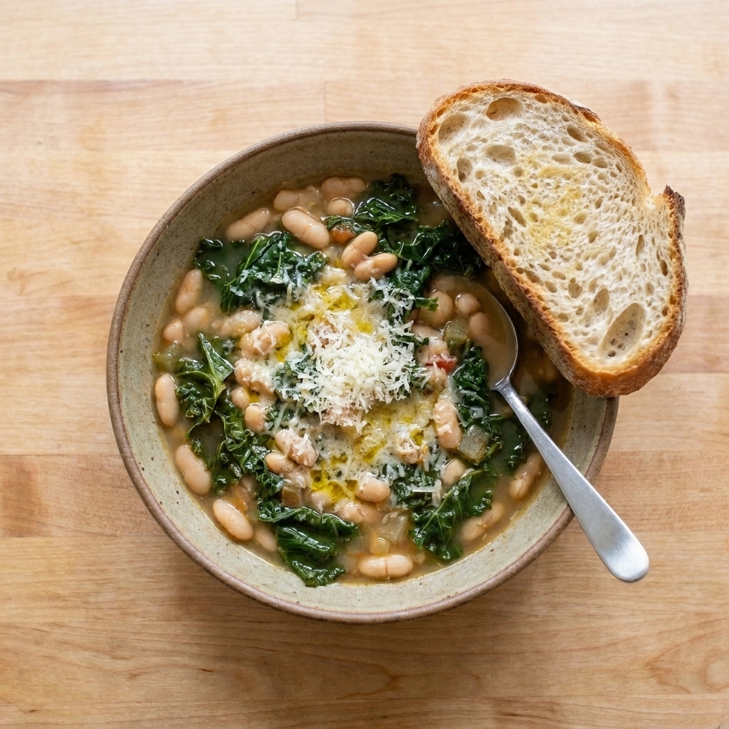 A rustic bowl of white bean and kale soup with visible beans and greens, finished with grated Parmesan, sitting next to a piece of crusty bread