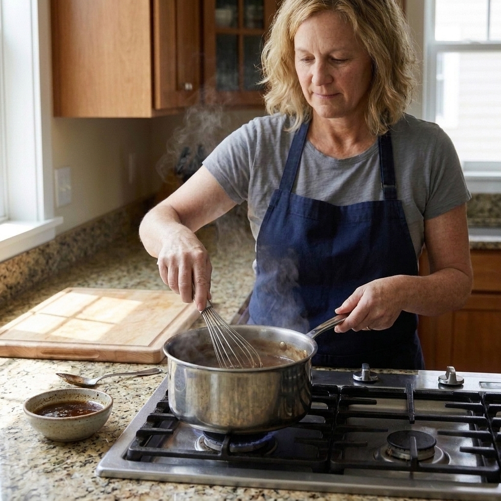A saucepan of brown gravy being whisked on a stovetop with a small bowl of roast drippings nearby