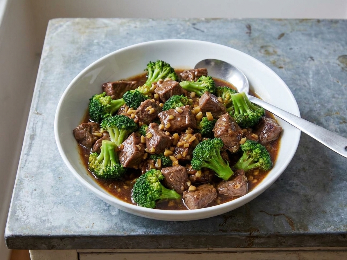 A serving bowl filled with tender beef and bright green broccoli coated in a glossy garlic-ginger sauce