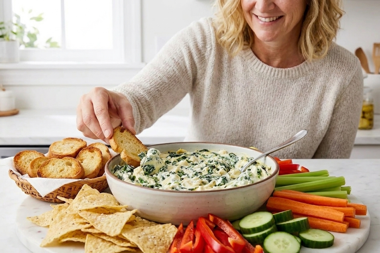 A serving bowl of spinach artichoke dip on a table surrounded by toasted baguette slices, tortilla chips, and crisp vegetables