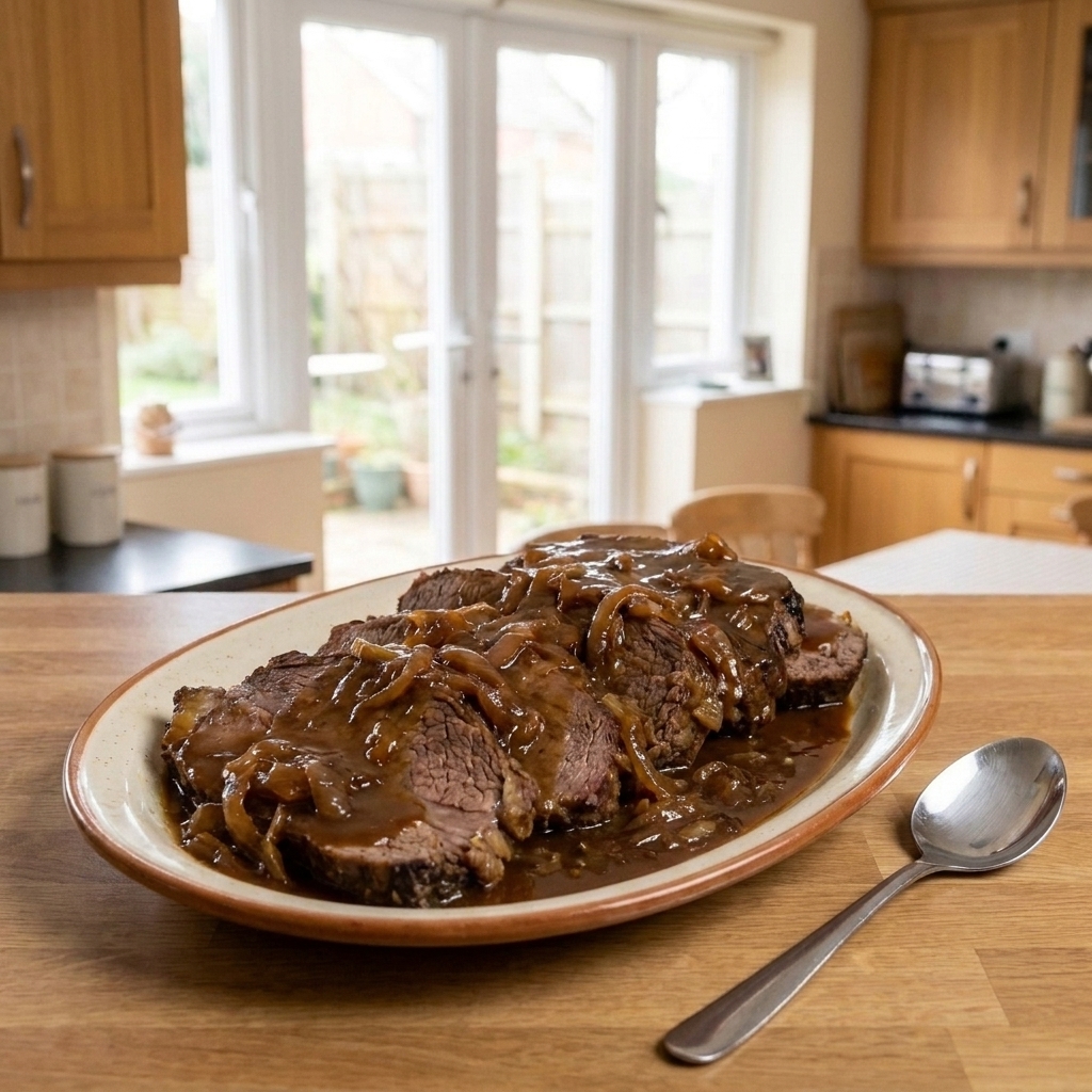 A serving platter with sliced pot roast covered in brown onion gravy, with a spoon resting beside it on a wooden table