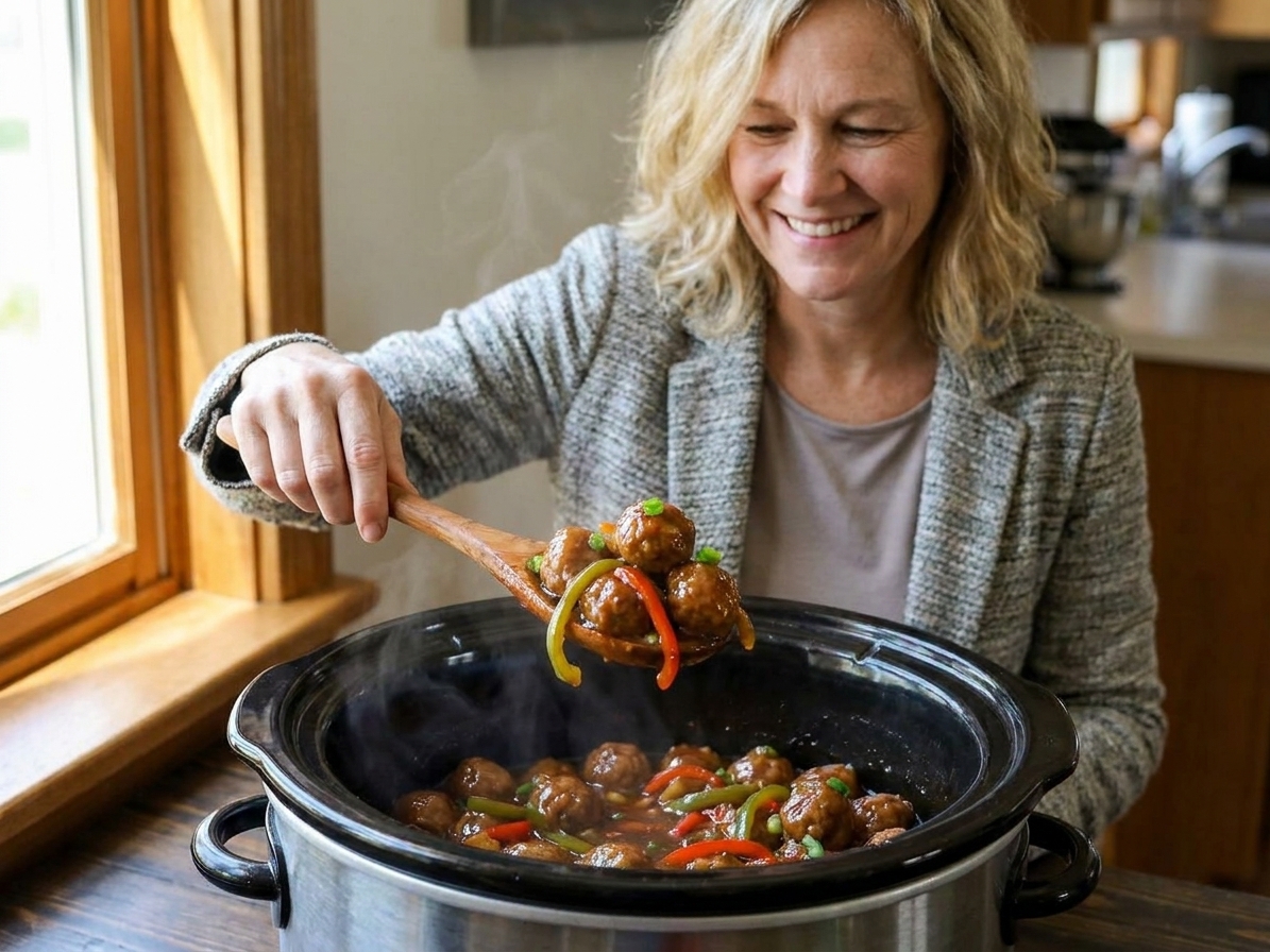 A serving spoon lifting sweet and sour meatballs from a slow cooker with red and green bell pepper slices in the sauce