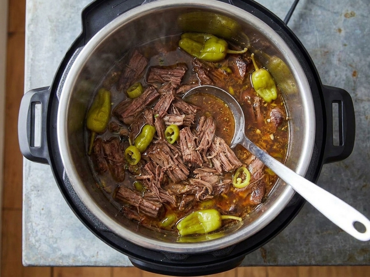 A shredded Mississippi-style pot roast in a slow cooker with pepperoncini peppers visible in the rich cooking juices