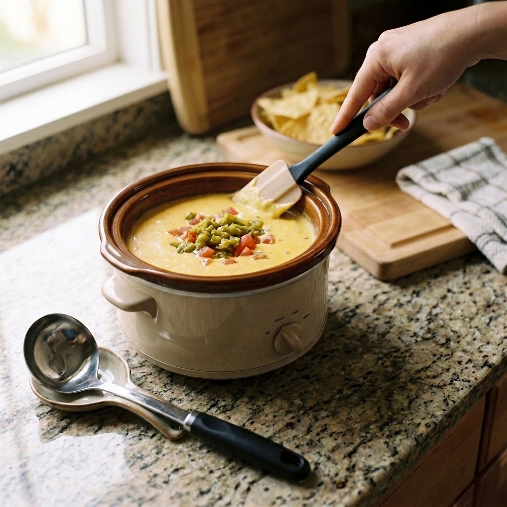 A silicone spatula scraping the edges of a slow cooker filled with cheese dip to prevent scorching