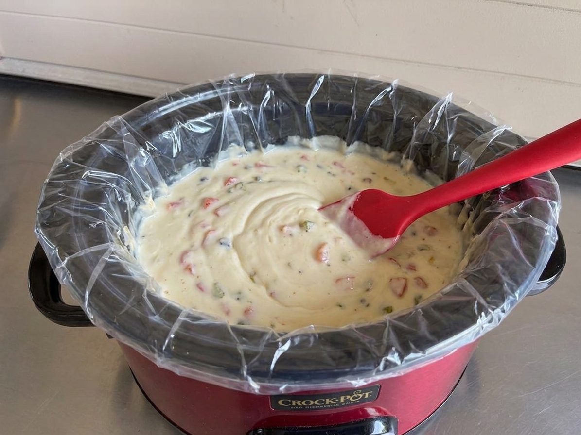 A silicone spatula stirring creamy queso inside a slow cooker, showing smooth melted cheese