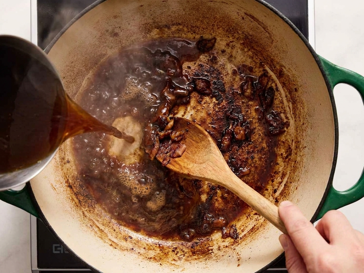 A skillet with browned bits on the bottom being deglazed with beef broth while a wooden spoon scrapes up the fond