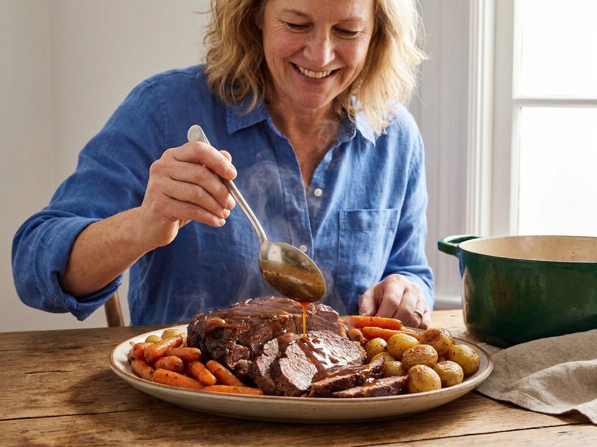A sliced pot roast on a serving platter with carrots and baby potatoes, glossy gravy spooned over the top