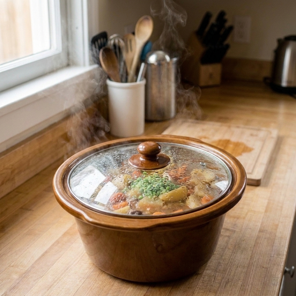 A slow cooker cooking on a kitchen counter with the lid on and gentle steam collecting under the glass