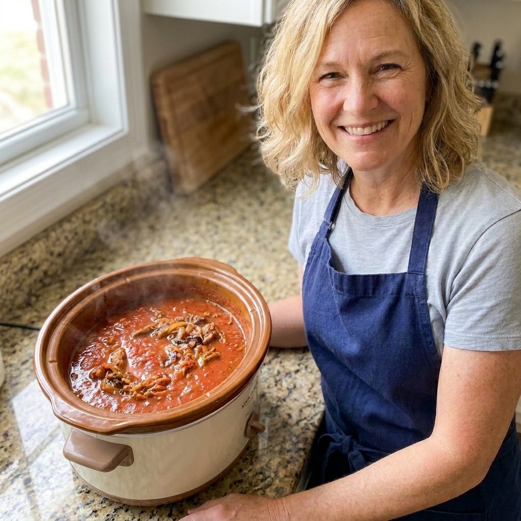 A slow cooker filled with a rich red sauce simmering, with browned meat and onions visible near the surface