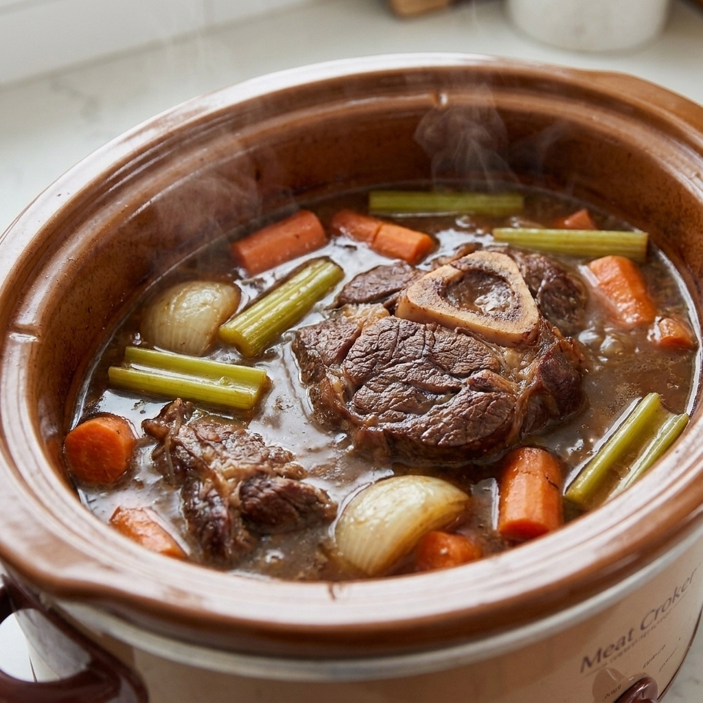 A slow cooker filled with beef shanks simmering with carrots, celery, onions, and rich brown broth