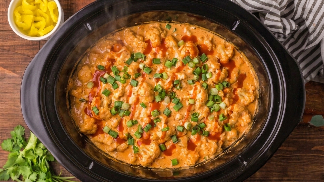 A slow cooker filled with buffalo cauliflower dip, topped with chopped green onions and a drizzle of hot sauce