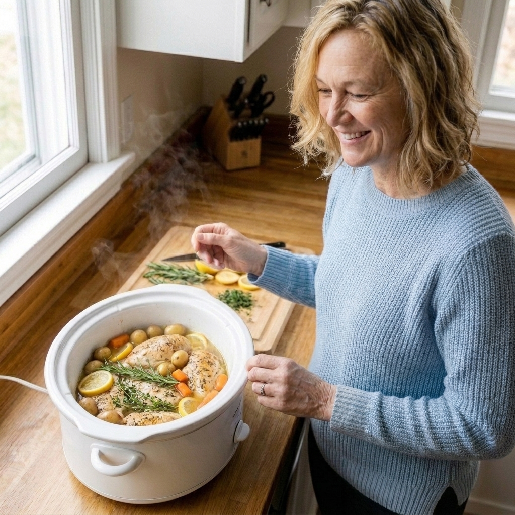 A slow cooker filled with chicken breasts, baby potatoes, carrots, and herbs in a light broth