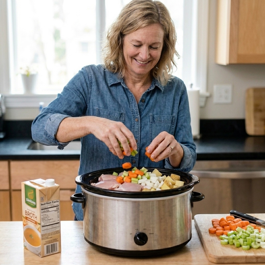 A slow cooker filled with chicken soup ingredients including carrots, celery, onion, and chicken thighs before cooking