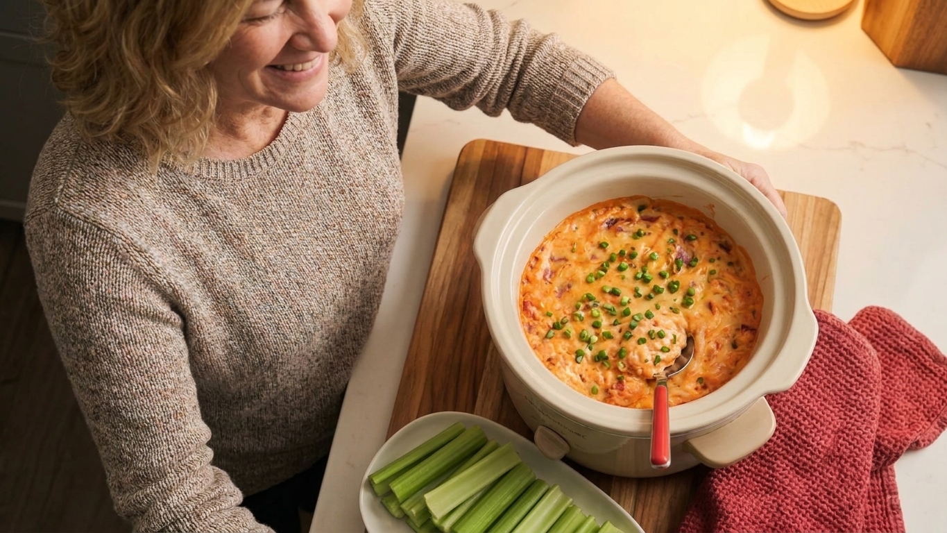 A slow cooker filled with creamy buffalo chicken dip topped with green onions, with celery sticks on a platter nearby