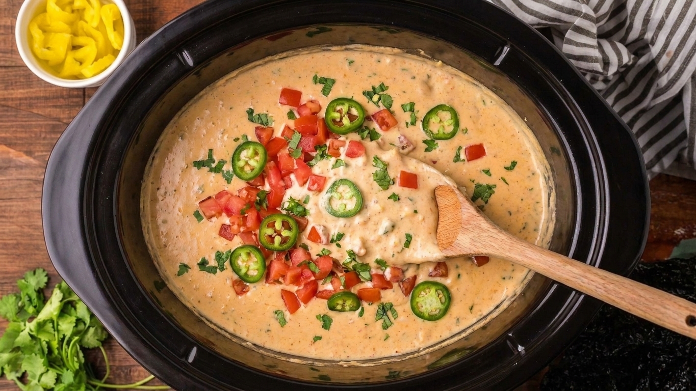 A slow cooker filled with creamy cashew queso topped with diced tomatoes and jalapeño slices