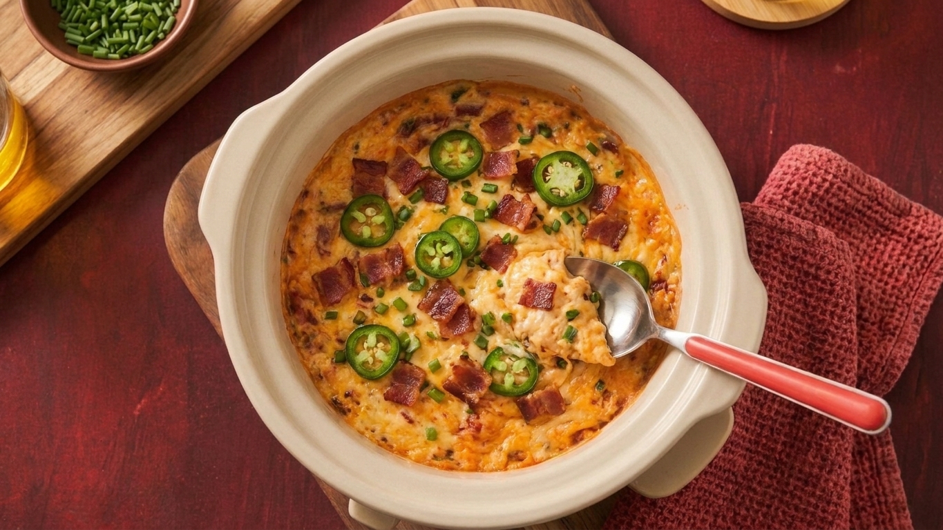 A slow cooker filled with jalapeño popper dip topped with crispy bacon pieces and sliced jalapeños on a serving spoon