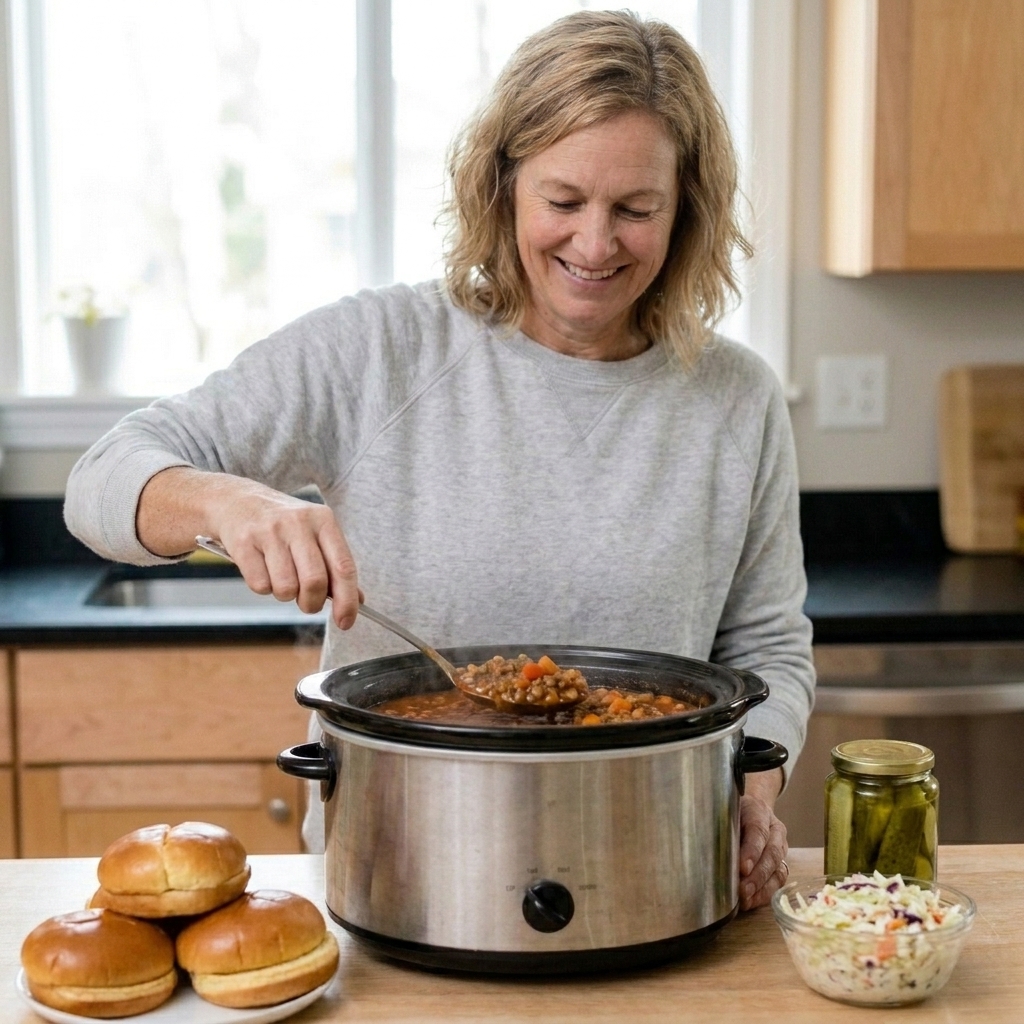 A slow cooker filled with saucy lentils and diced vegetables, ready to be spooned onto buns